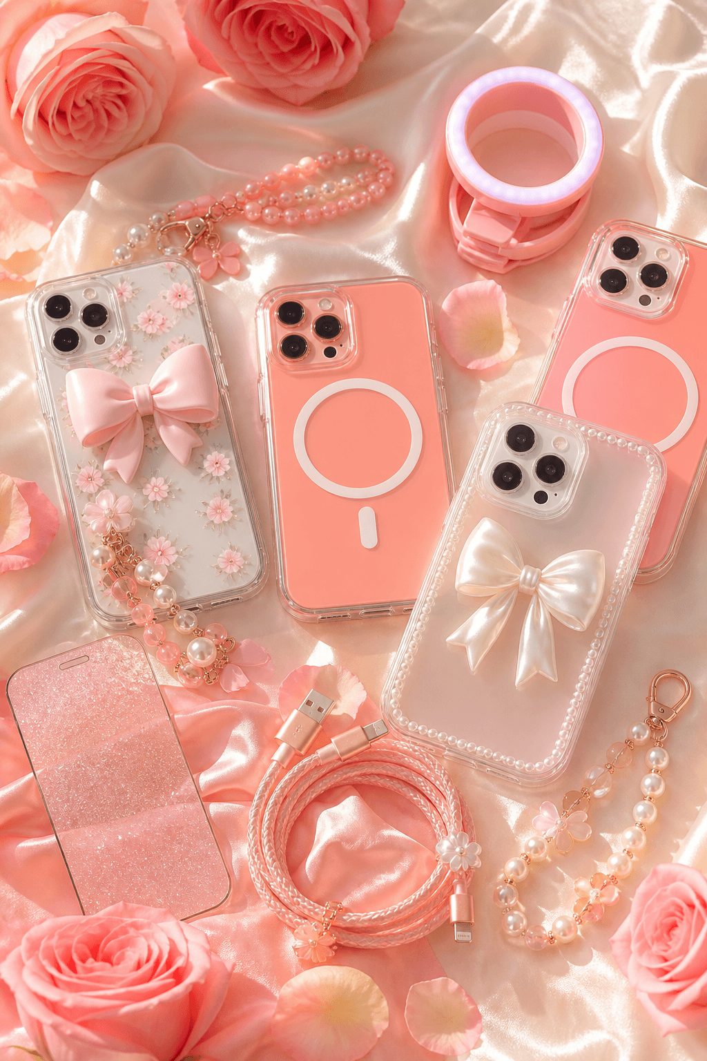Cute phone cases and girly mobile accessories — pastel cases, charms, and chargers